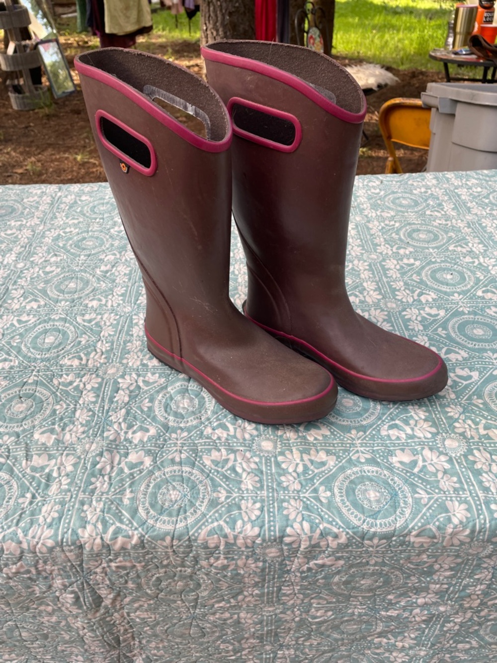 Bogs Women's Tall Brown Rain Boots with Pink Trim